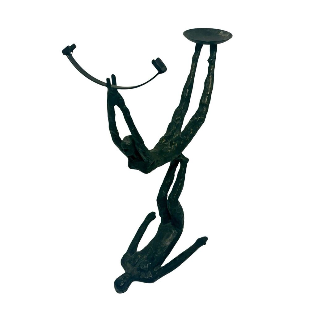 Vintage Cast Bronze - Brass Brutalist Acrobat Sculptures / Candleholder 11"